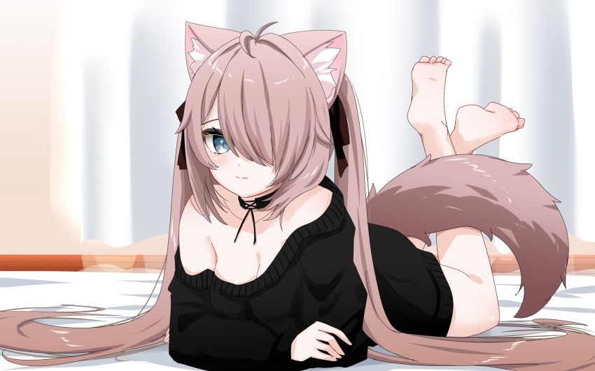 1girl animal_ear_fluff animal_ears bare_legs barefoot black_sweater blue_eyes breasts brown_hair cat_ears cat_girl cat_tail choker cleavage collar curtains feet feet_up full_body hair_over_one_eye hair_ribbon highres indoors legs_up long_hair long_sleeves looking_at_viewer lying medium_breasts naked_sweater no_pants off-shoulder_sweater off_shoulder on_bed on_stomach ribbon runya_(vrchat) smile soles solo suzuki-shi sweater tail the_pose toes twintails very_long_hair vrchat