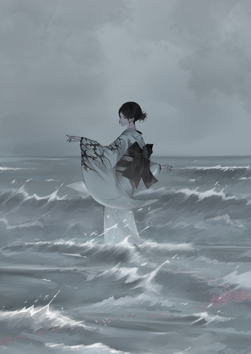 1girl absurdres black_hair black_nails closed_eyes earrings hair_bun hair_ornament hairpin highres in_water japanese_clothes jewelry kimono mano_aaa multiple_hairpins original outdoors outstretched_arms scenery sky standing water