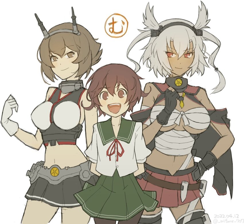 3girls :d arms_behind_back bare_shoulders black_skirt breasts brown_eyes brown_hair budget_sarashi chest_sarashi commentary_request cowlick dark-skinned_female dark_skin dated gloves hand_on_own_hip headgear kantai_collection kikumon light_smile looking_at_viewer midriff mifune_(_mifune_707) multiple_girls musashi_(kancolle) mutsu_(kancolle) mutsuki_(kancolle) open_mouth partially_fingerless_gloves pleated_skirt pointy_hair red_eyes red_skirt sailor_collar sarashi school_uniform serafuku short_hair simple_background skirt smile twitter_username two_side_up unfinished upper_body white_background white_gloves