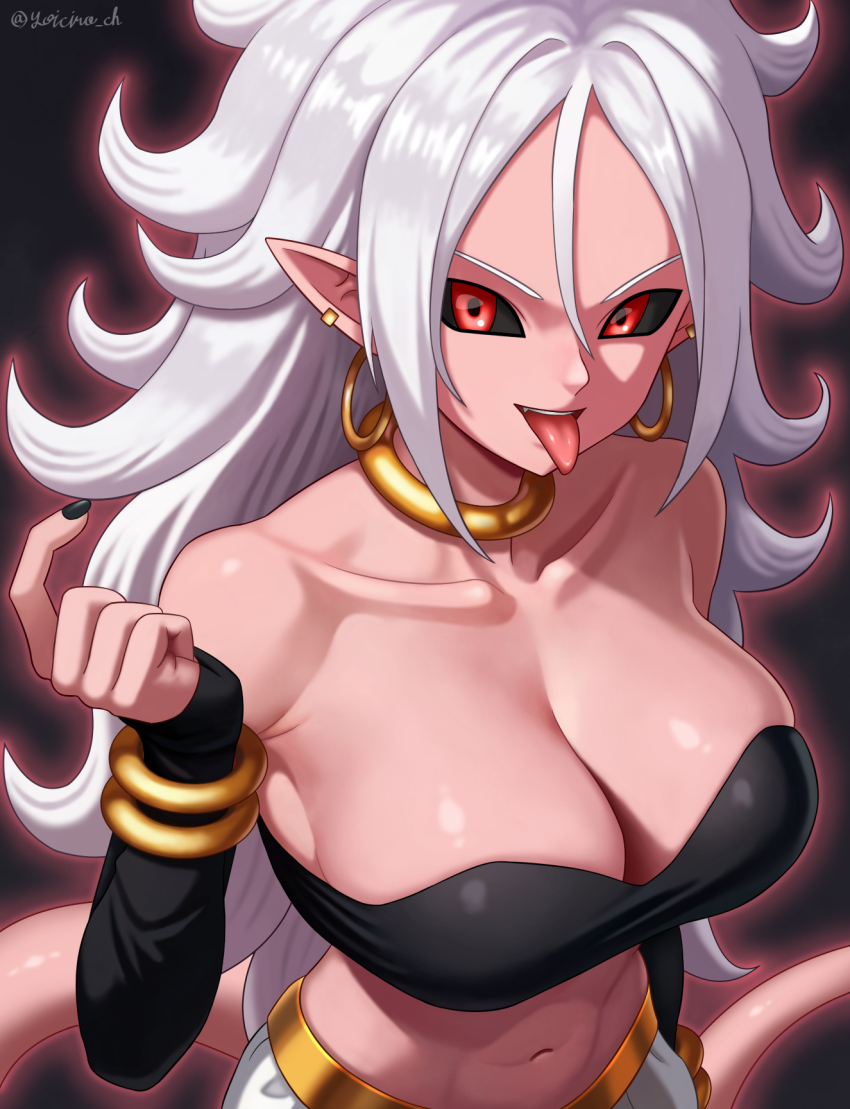 1girl android_21 bare_shoulders black_background black_tube_top breasts cleavage collarbone colored_skin cowboy_shot dragon_ball dragon_ball_fighterz earrings grey_hair highres hoop_earrings jewelry large_breasts long_hair majin_android_21 navel pants pink_skin pointy_ears red_eyes simple_background solo strapless tongue tongue_out tube_top white_pants yoichiro_ch