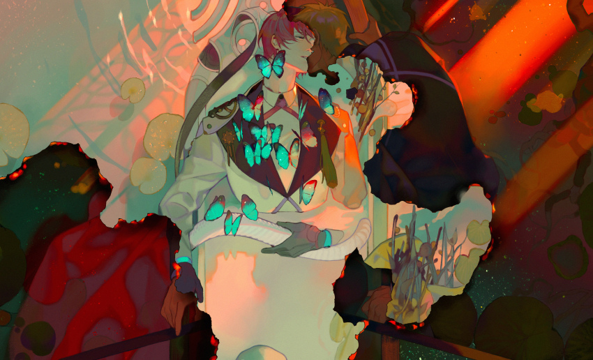 2boys black_gloves blue_butterfly bug butterfly gloves grey_hair highres insect lily_pad long_sleeves male_focus multiple_boys original parted_lips red_hair short_hair tube xiaoquandianer