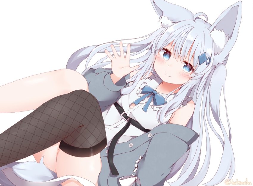 1girl ahoge animal_ear_fluff animal_ears asymmetrical_legwear bare_shoulders belt black_belt black_thighhighs blue_bow blue_bowtie blue_cardigan blue_eyes blue_hair blush bow bowtie breasts button_gap cardigan cleavage_cutout closed_mouth clothing_cutout collared_shirt convenient_leg dress dress_shirt dutch_angle feet_out_of_frame fishnet_thighhighs fishnets fox_ears fox_girl fox_tail frilled_shirt frilled_shirt_collar frills grey_hair grey_jacket hair_between_eyes hair_ornament hairclip hand_up jacket knees_together_feet_apart knees_up lime_(vrchat) long_hair long_sleeves looking_at_viewer off_shoulder open_cardigan open_clothes open_hand open_jacket partially_unbuttoned puffy_long_sleeves puffy_sleeves shirt simple_background single_thighhigh sitting sleeveless sleeveless_dress sleeveless_shirt small_breasts smile solo tail thighhighs thighs transparent_background tutsucha_illust twitter twitter_username two_side_up very_long_hair vrchat waving white_background white_dress white_shirt