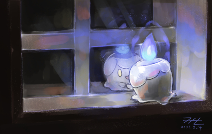 blue_fire commentary_request creatures_(company) dated fire from_behind game_freak gen_5_pokemon litwick looking_at_reflection nintendo no_humans null_suke one-hour_drawing_challenge pokemon pokemon_(creature) reflection signature window yellow_eyes