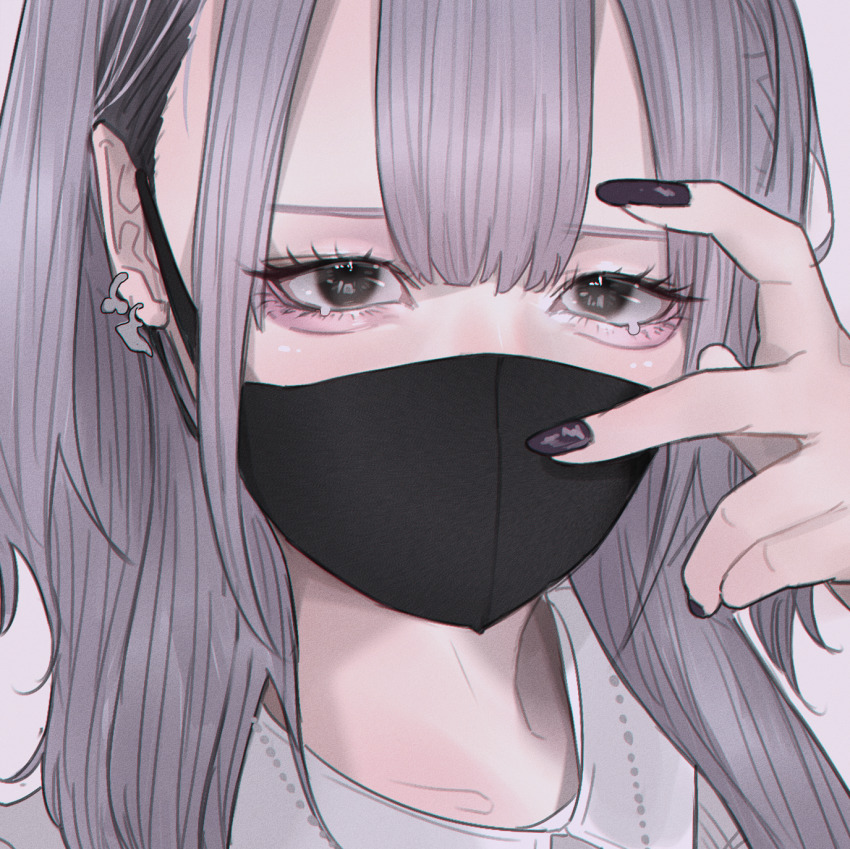 1girl aegyo_sal black_eyes black_mask black_nails center-flap_bangs close-up collared_shirt covered_mouth ear_piercing earrings eyelashes finger_to_head fingernails grey_hair highres jewelry long_fingernails long_hair looking_at_viewer mano_aaa mask mouth_mask nail_polish original piercing shirt sidelocks solo white_shirt