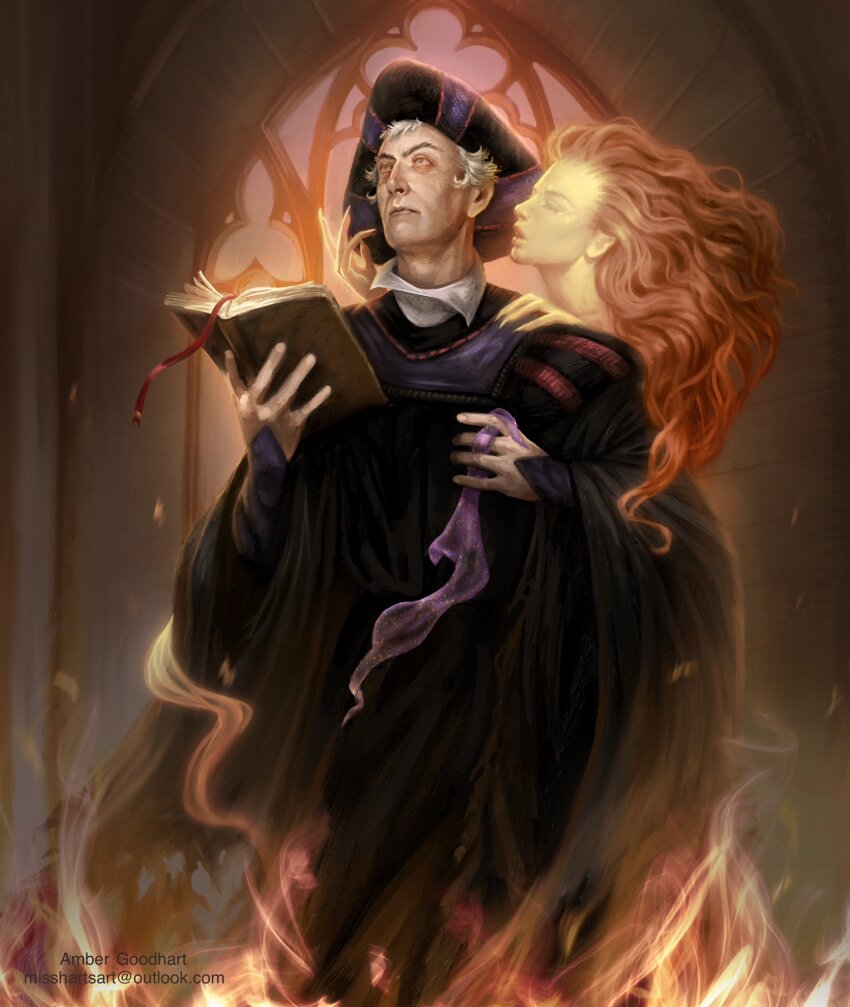 1boy 1girl amber_goodhart artist_name black_robe book claude_frollo_(disney) closed_mouth email_address fingernails hat highres holding holding_book long_sleeves male_focus old old_man open_book puff_and_slash_sleeves puffy_sleeves robe sharp_fingernails short_hair solo the_hunchback_of_notre_dame_(disney) tricorne v-shaped_eyebrows whispering wide_sleeves window