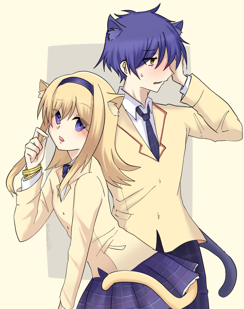 1boy 1girl animal_ears bangle blazer blonde_hair blue_hair blue_skirt blush bow bowtie bracelet cat_boy cat_ears cat_girl cat_tail chaos;head commentary_request efunohitof4 headband highres jacket jewelry long_hair looking_at_viewer necktie nishijou_nanami nishijou_takumi open_mouth pants pleated_skirt purple_eyes school_uniform shirt short_hair siblings simple_background skirt suimei_school_uniform tail white_shirt yellow_eyes