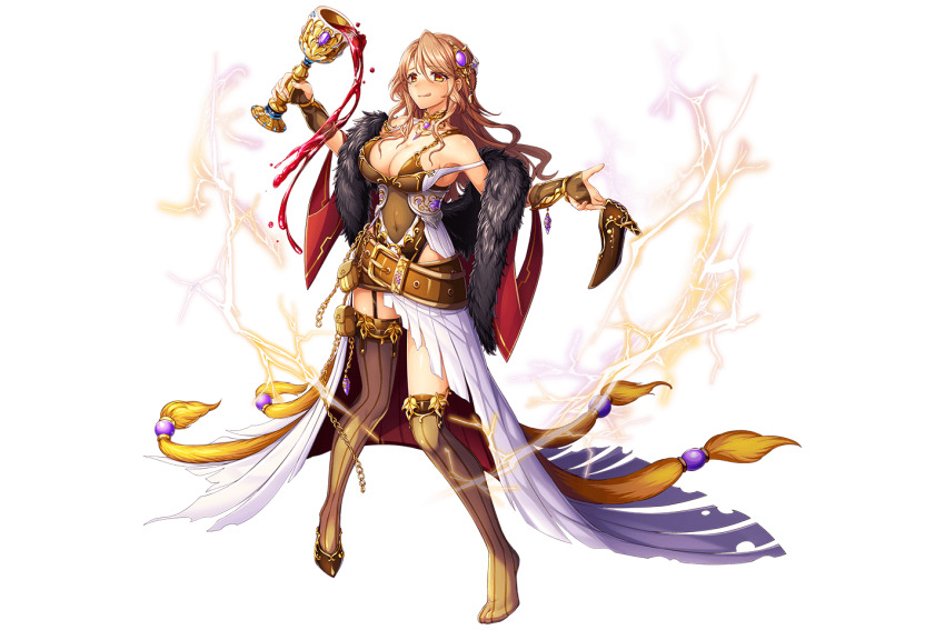 1girl alcohol artist_request asymmetrical_legwear bad_source bare_shoulders belt breasts cleavage collar covered_navel full_body fur_trim game_cg garter_straps high_heels holding holding_shoes kamihime_project liber_(kamihime_project) official_art orange_eyes shoes sideboob solo spill third-party_source tongue tongue_out transparent_background wine