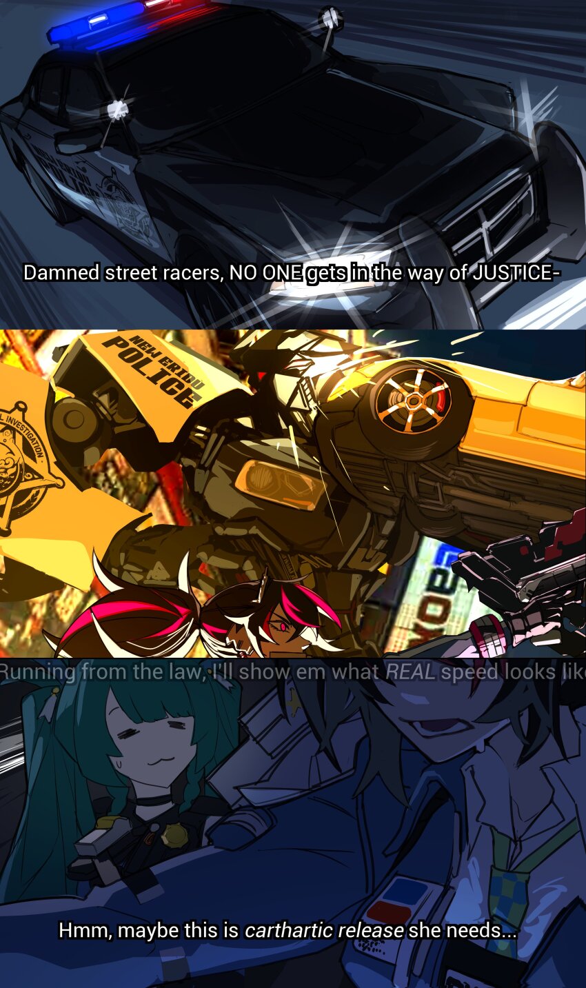 :3 absurdres car dodge_(company) dodge_charger dodge_charger_(6th_generation) heartbreak_juan highres mazda mazda_rx-7 mazda_rx-7_fd motor_vehicle qingyi_(zenless_zone_zero) sousou_no_frieren transformers transformers_(live_action) zenless_zone_zero zhu_yuan