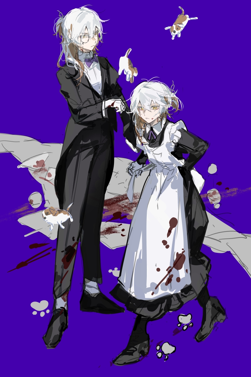 1other absurdres androgynous apron beagle black_bow black_bowtie black_dress black_footwear black_jacket black_pants black_suit blue_background bow bowtie brown_hair butler collared_dress collared_shirt colored_tips cross_tie dog dress formal_clothes frilled_apron frills full_body gloves highres jacket long_dress looking_ahead maid maid_apron medicine_pocket medium_hair minfand monocle multicolored_hair multiple_views pants paw_print ponytail reverse:1999 shirt short_ponytail sketch suit traditional_bowtie tying_apron waist_apron white_gloves white_hair white_shirt yellow_eyes