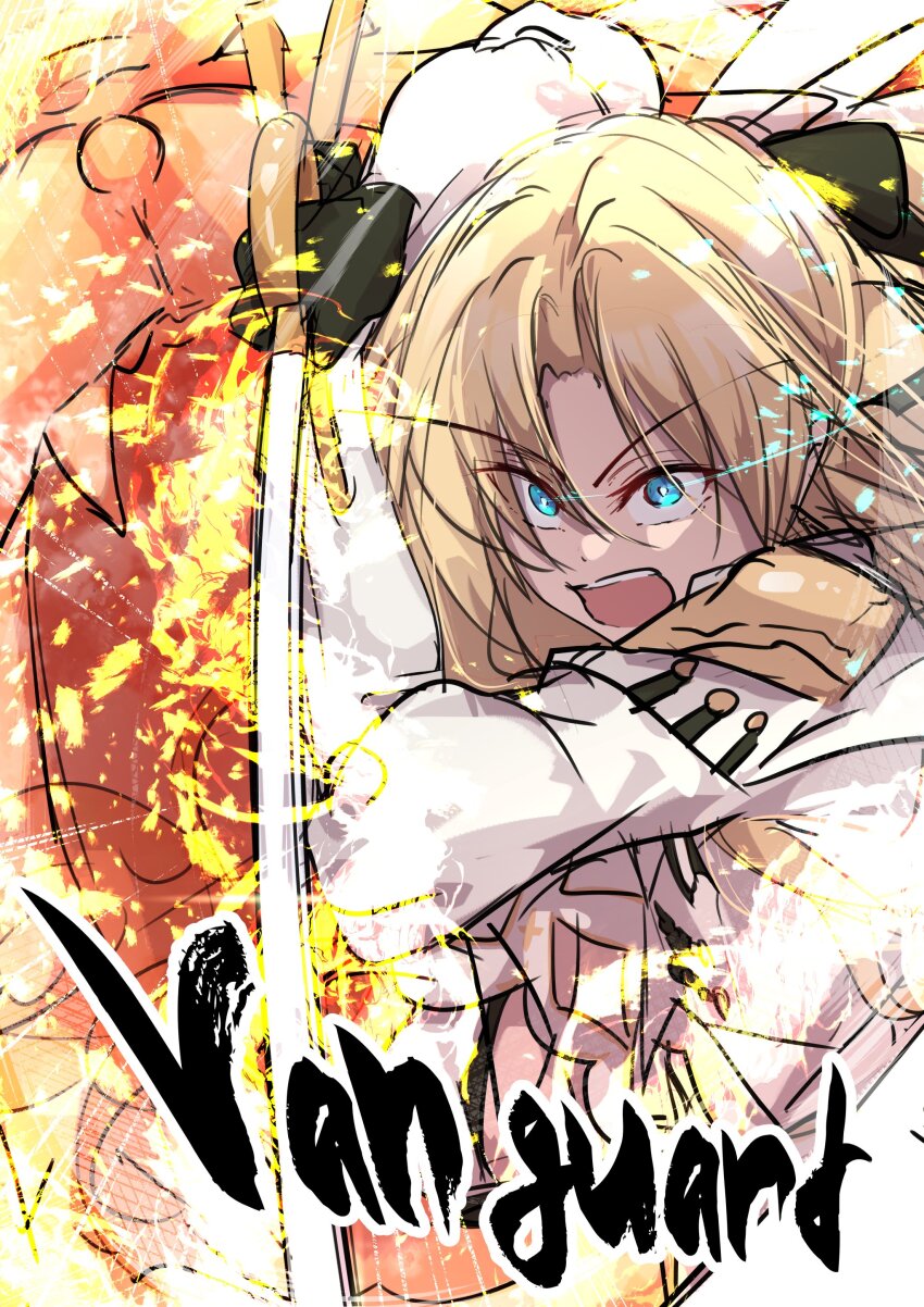 1girl absurdres azur_lane black_gloves blonde_hair blue_eyes character_name gloves highres holding holding_sword holding_weapon military_uniform open_mouth oriue_wato parted_bangs rigging sketch solo sword vanguard_(azur_lane) weapon