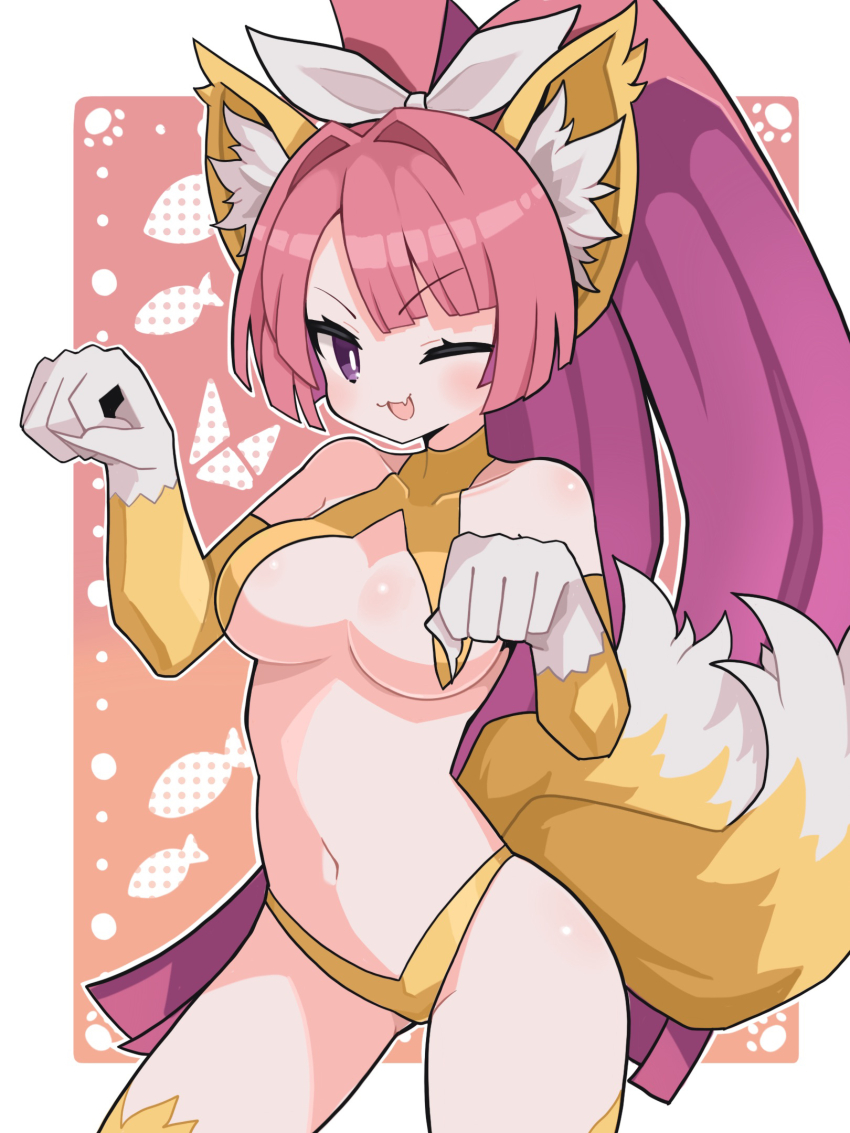 1girl :3 animal_ear_fluff animal_ears animal_hands blush body_fur bow breasts cat_ears cat_girl collarbone disgaea eyelashes fang fish_background hair_bow high_ponytail highres large_breasts long_hair looking_at_viewer makai_senki_disgaea monster_girl multiple_tails navel nekomata nekomata_(disgaea) one_eye_closed open_mouth outline paw_pose pink_hair ponytail purple_eyes revealing_clothes skin_fang smile solo suaman tail two_tails underboob very_long_hair white_bow white_outline