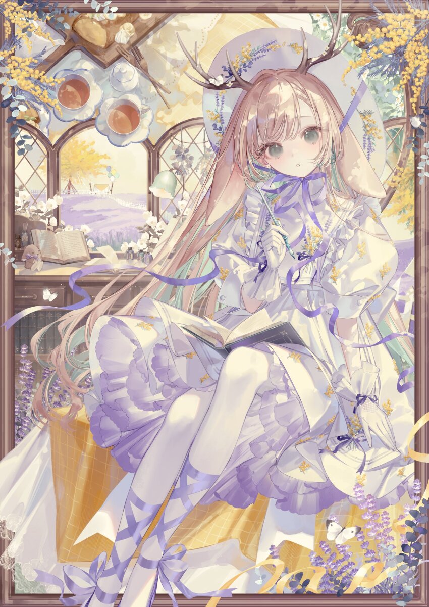 1girl animal_ears antlers blonde_hair blue_hair book bread colored_inner_hair commentary_request cup dress flower food fork gloves grey_eyes hat highres horns indoors long_hair looking_at_viewer multicolored_hair nanashi_inc. official_art open_book open_mouth pantyhose plate puffy_short_sleeves puffy_sleeves purple_flower purple_ribbon rabbit_ears rabbit_girl ribbon short_sleeves solo sun_hat tea teacup teapot tree tsukinoki_tirol very_long_hair virtual_youtuber white_dress white_gloves white_hat white_pantyhose window yellow_flower yoggi_(stretchmen)
