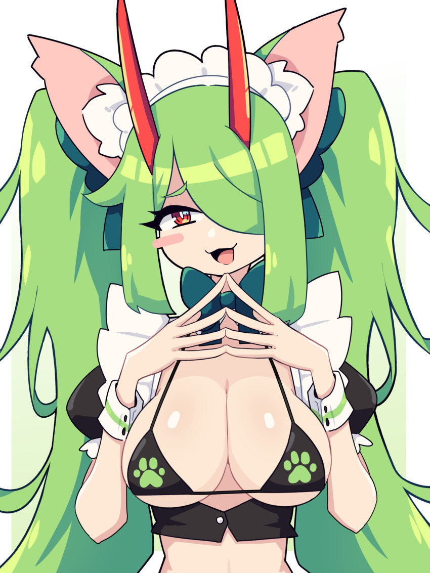 1girl absurdres animal_ears bikini black_bikini breasts cat_ears cleavage daigada green_hair highres horns looking_at_viewer medium_breasts micro_bikini open_mouth original red_eyes simple_background smile smug solo swimsuit upper_body white_background