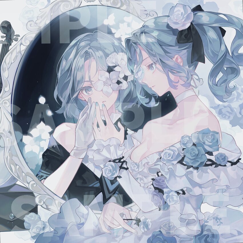 1girl arcaea black_ribbon black_shirt choker collarbone different_reflection dress expressionless flower flower_dress flower_in_eye frilled_sleeves frills gloves green_eyes green_hair green_nails hair_flower hair_ornament hair_ribbon highres instrument looking_at_another looking_at_mirror medium_hair mirror off-shoulder_dress off-shoulder_shirt off_shoulder parted_lips plant ponytail reflection ribbon sample_watermark saya_(arcaea) shirt sidelocks split_ponytail symbol_in_eye vines violin watermark white_choker white_dress white_gloves xiv_xxx14