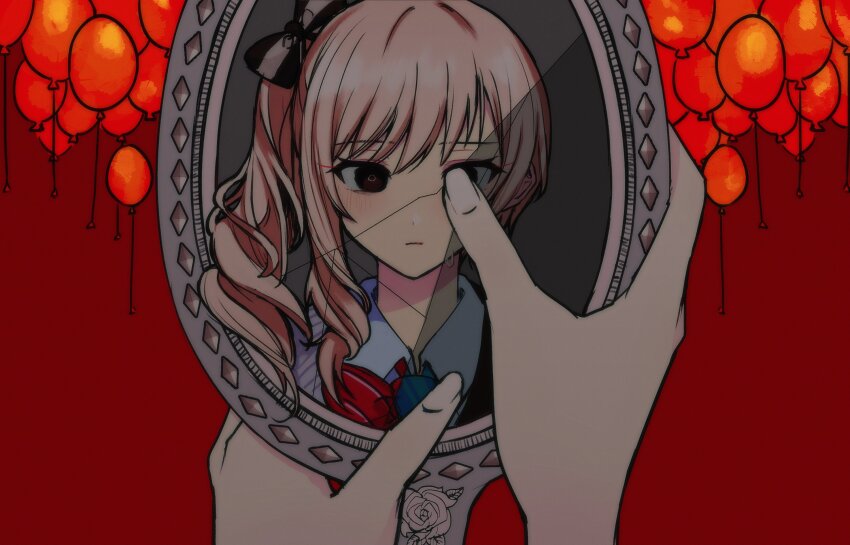1other akiyama_mizuki apricot_(vocaloid) balloon blue_necktie bow bowtie broken_mirror cardigan commentary_request covering_one_eye expressionless hand_mirror highres holding holding_mirror kamiyama_high_school_uniform_(project_sekai) korean_commentary long_hair mirror multiple_persona necktie parody pink_hair project_sekai red_background red_bow red_bowtie ribbon school_uniform short_hair side_ponytail x_xb27
