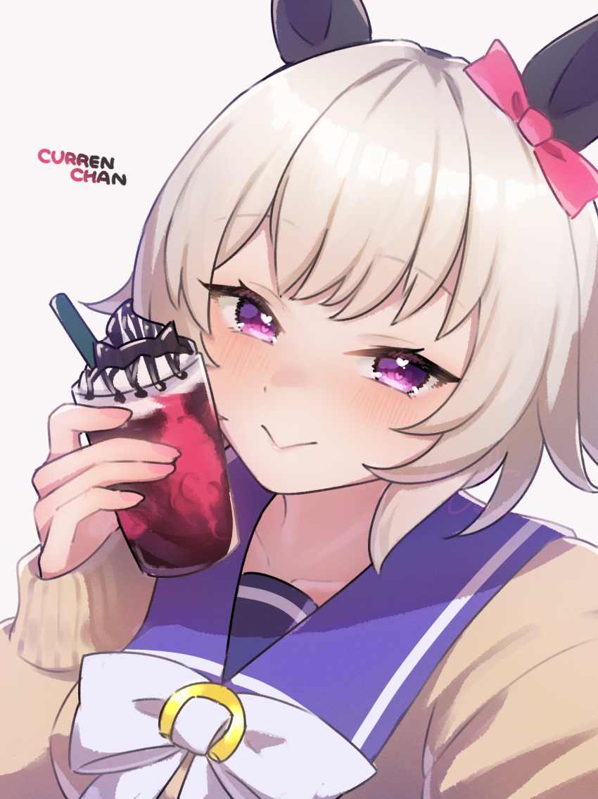 1girl :&gt; animal_ears beautifulinsnow blue_sailor_collar bow character_name closed_mouth commentary_request cup curren_chan_(umamusume) ear_bow ear_covers grey_hair highres holding holding_cup horse_ears horse_girl looking_at_viewer pink_bow purple_eyes sailor_collar school_uniform short_hair smile solo tracen_school_uniform umamusume upper_body