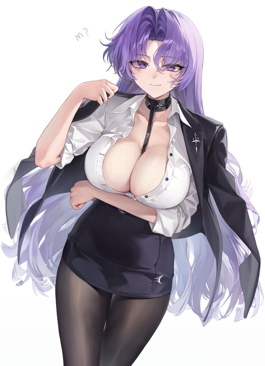 1girl arm_under_breasts azur_lane between_breasts black_choker black_jacket breasts choker cleavage closed_mouth collared_shirt commentary cowboy_shot dress_shirt hair_intakes highres jacket jacket_on_shoulders large_breasts long_hair looking_at_viewer miniskirt miss_m_(azur_lane) pantyhose partially_unbuttoned pencil_skirt purple_eyes purple_hair sabotensuteeki shirt skirt sleeves_rolled_up smile solo standing symbol-only_commentary very_long_hair white_background white_shirt