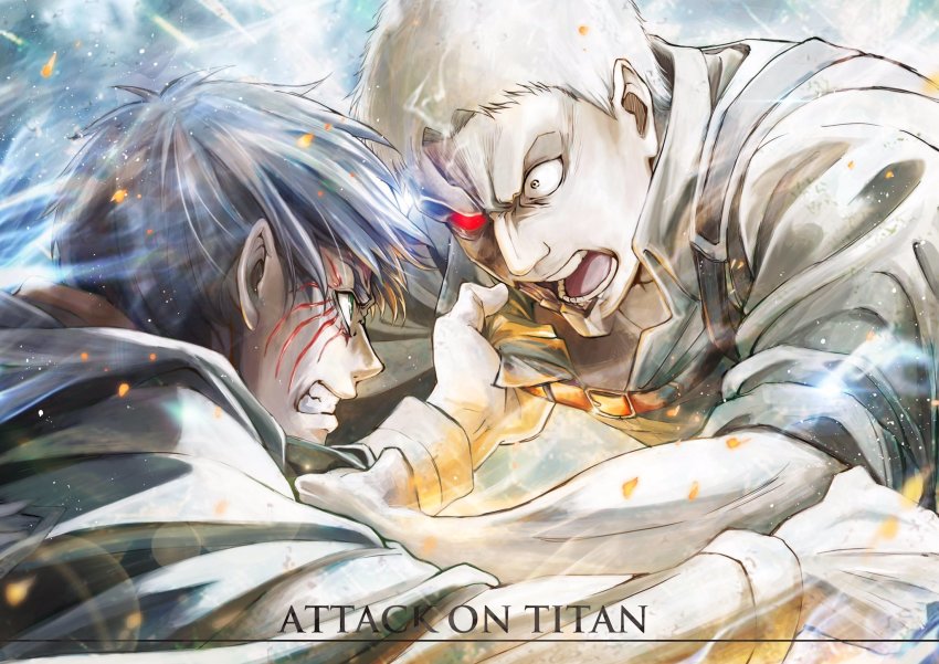2boys angry black_hair blonde_hair clothes_grab collared_shirt commentary_request debris duel eren_yeager eye_contact from_side frown glowing glowing_eye gradient_hair highres looking_at_another mai_teshima male_focus mismatched_sclera multicolored_hair multiple_boys official_art reiner_braun scene_reference second-party_source serious shingeki_no_kyojin shirt shirt_grab short_hair shouting spoilers three-dimensional_maneuver_gear transformation upper_body
