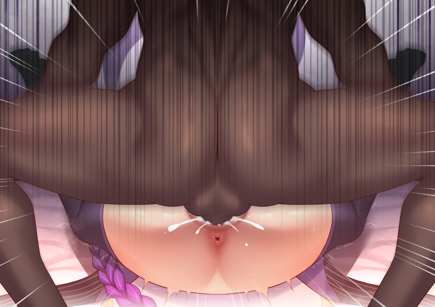 1boy 1girl absurdres anus armor ass ass_focus back blunt_bangs blush braid breasts cum cum_in_pussy dark-skinned_male dark_skin electro_symbol_(genshin_impact) from_behind genshin_impact gradient_hair grey_background h.carrrrrrot hetero highres holding_another&#039;s_legs indoors japanese_clothes kimono large_breasts legs_up long_braid looking_down lying mating_press mitsudomoe_(shape) motion_blur multicolored_hair muscular muscular_male on_back purple_hair purple_kimono purple_thighhighs raiden_shogun sex shade shadow shoulder_armor single_braid solo spread_legs squatting surprised teeth testicles thick_thighs thighhighs thighs tomoe_(symbol)