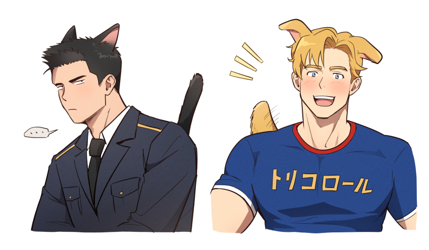 ... 2boys animal_ears ao_isami bara black_coat black_eyes black_hair black_necktie blonde_hair blue_eyes blue_shirt blush cat_boy cat_ears cat_tail closed_mouth coat collared_shirt commentary_request cropped_torso dog_boy dog_ears dog_tail formal_clothes highres korean_commentary lewis_smith light_frown male_focus motion_lines multiple_boys necktie open_mouth shirt simple_background smile spoken_ellipsis suit t-shirt tail tail_wagging teeth upper_body wasted_m9 white_background white_shirt yuuki_bakuhatsu_bang_bravern
