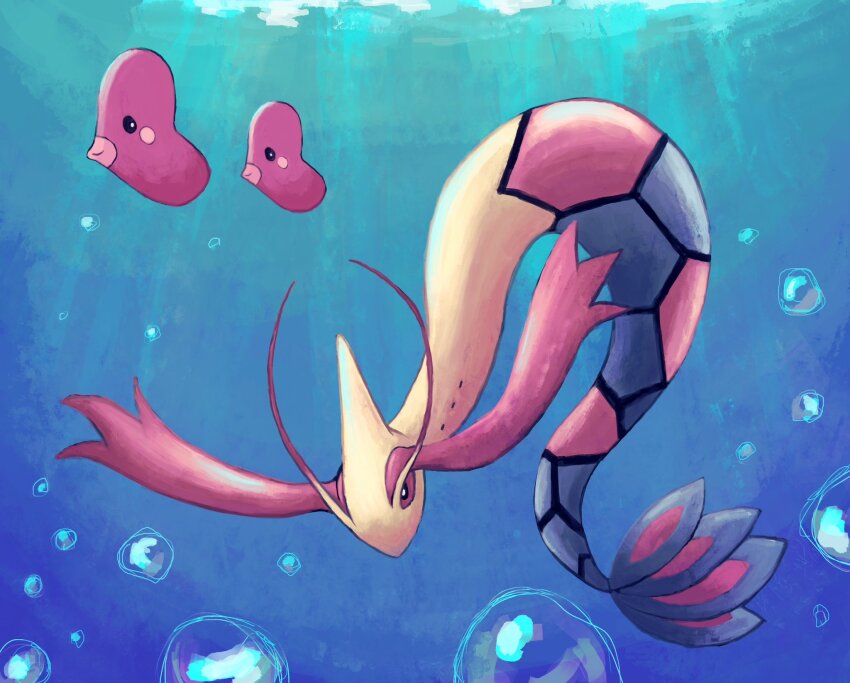 air_bubble bubble gen_3_pokemon highres luvdisc milotic nintendo no_humans panha pokemon pokemon_(creature) underwater
