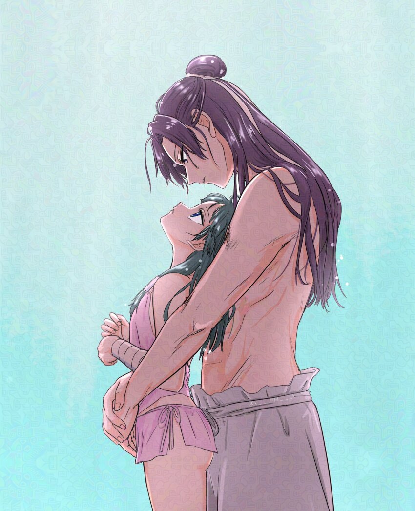 1boy 1girl abs ass bandages bishounen breasts couple fingernails green_hair hair_bun hetero highres hug jinshi_(kusuriya_no_hitorigoto) kusuriya_no_hitorigoto long_hair looking_at_another maomao_(kusuriya_no_hitorigoto) muscular purple_hair ran_(pixiv44170519) small_breasts underwear
