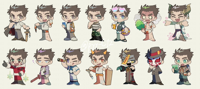 1boy camouflage camouflage_pants cellphone commentary_request cone_horns cup facepaint green_eyes heart heart-shaped_eyewear highres holding holding_cup holding_phone horns jacket kan_(pyy_c12) male_focus ofuda ofuda_on_head pants phone protagonist_3_(housamo) red_eyes sailor shirt short_hair simple_background smartphone stitched_face stitches striped_clothes striped_shirt sweat sword tinted_eyewear tokyo_houkago_summoners translation_request v-shaped_eyebrows variations weapon white_background