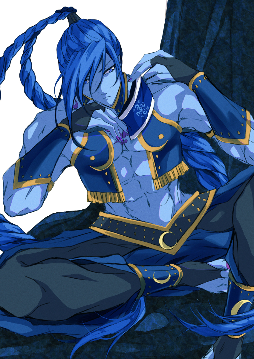 abs absurdly_long_hair absurdres arabian_clothes blue_eyes blue_skin bucchigiri?! cimile07 colored_skin highres ichiya_(bucchigiri?!) long_hair muscular muscular_male pectorals ponytail purple_nails sitting very_long_hair