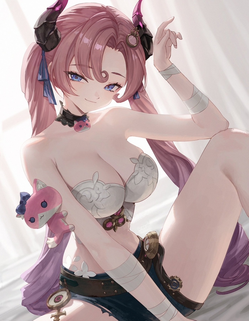 1girl bandaged_arm bandages bare_shoulders belt black_collar black_horns blue_eyes blue_ribbon blue_shorts breasts brown_belt cleavage closed_mouth collar collarbone commentary crop_top curtained_hair ddcc0123 drill_hair duet_night_abyss dutch_angle elbow_on_knee english_commentary gears gradient_hair gradient_horns hair_between_eyes hair_ornament hair_ribbon hand_up head_tilt highres horns indoors katya_(duet_night_abyss) knee_up large_breasts long_hair looking_at_viewer multicolored_hair multicolored_horns pink_hair pink_horns purple_hair ribbon shirt short_shorts shorts sitting smile solo torn_clothes torn_shorts twin_drills twintails very_long_hair white_background