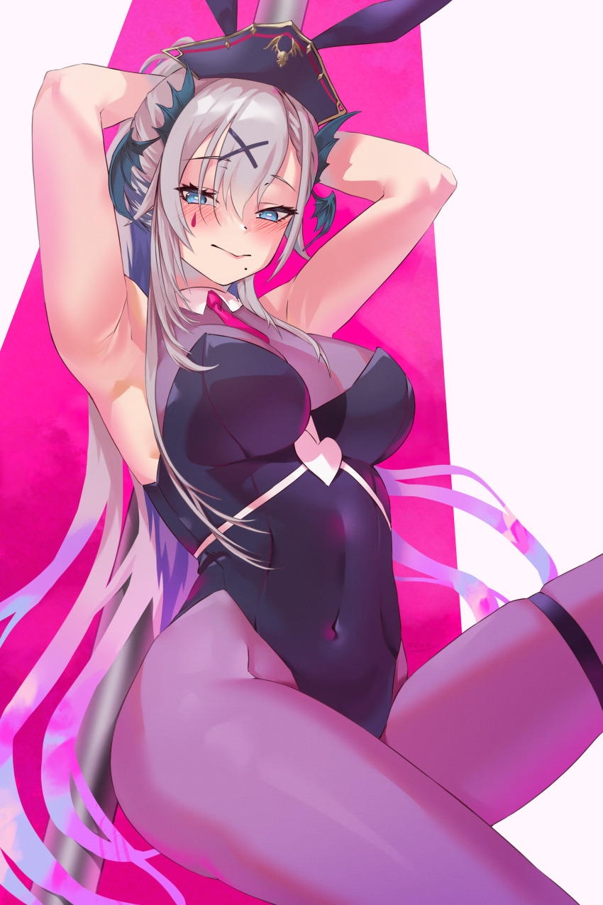 1girl absurdres animal_ear_hairband animal_ears armpits arms_behind_head black_hat black_leotard blue_eyes blush bodystocking breasts closed_mouth clothing_cutout collar covered_navel fake_animal_ears gradient_hair grey_hair hair_ornament hairband hat head_wings heart_cutout highres indie_virtual_youtuber leotard long_hair mole mole_under_mouth multicolored_hair necktie pink_necktie pochimaru_(vtuber) pole pole_dancing rabbit_ear_hairband rabbit_ears rabbit_hole_(vocaloid) salt-less solo stripper_pole teardrop_facial_mark tentacle_hair thigh_strap virtual_youtuber white_collar wings x_hair_ornament
