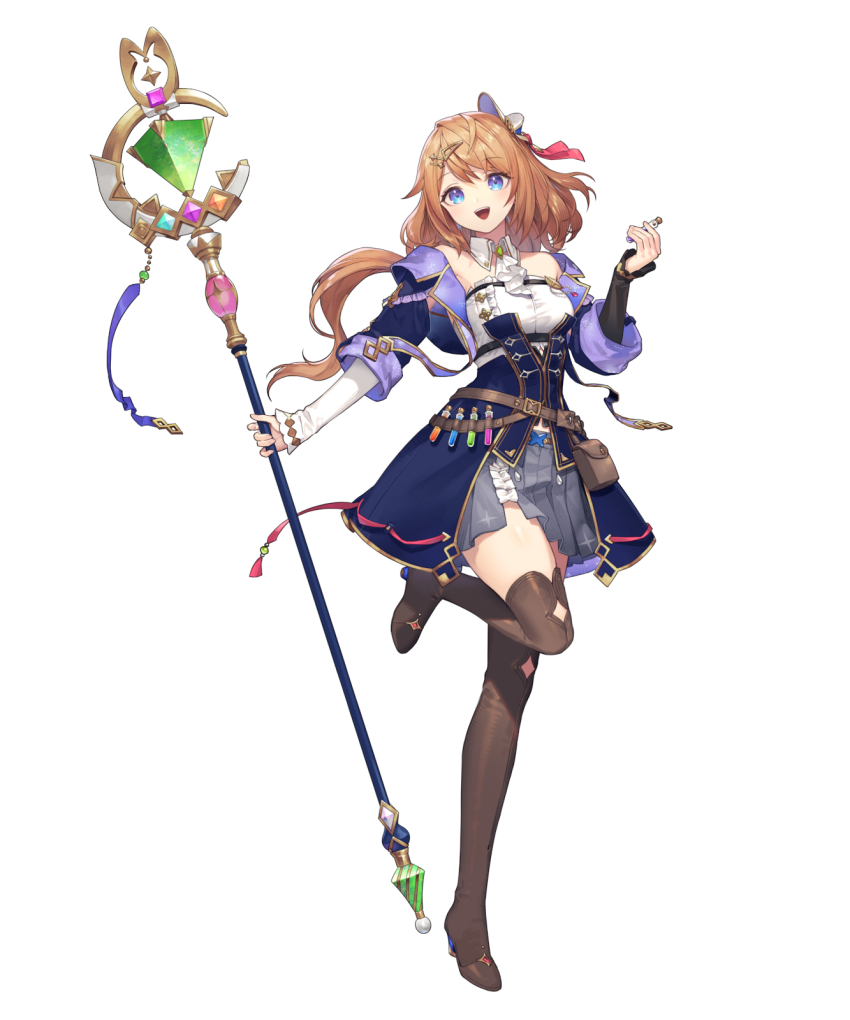 1girl :d aged_up ascot atelier_(series) atelier_resleriana belt_pouch blue_eyes blue_jacket boots brooch brown_boots cropped_jacket detached_collar flask full_body gem green_gemstone grey_skirt hair_ornament hairclip hand_up hat highres holding holding_flask holding_staff jacket jewelry long_hair long_sleeves looking_at_viewer mini_hat official_alternate_costume official_alternate_hairstyle official_art open_mouth pouch resna_sternenlicht second-party_source simple_background skirt smile solo staff standing standing_on_one_leg thigh_boots thighhighs umiu_geso white_ascot white_background