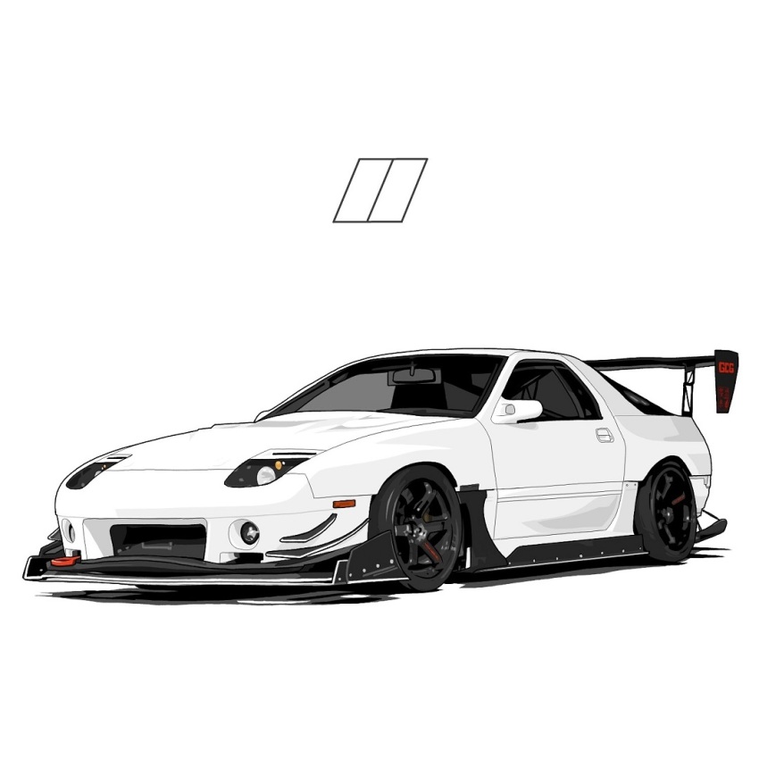 car left-hand_drive mazda mazda_rx-7 mazda_rx-7_fc motor_vehicle no_humans original race_vehicle racecar rally2727 rear-view_mirror shadow side-view_mirror simple_background spoiler_(automobile) sports_car tow_hook vehicle_focus white_background white_car windshield