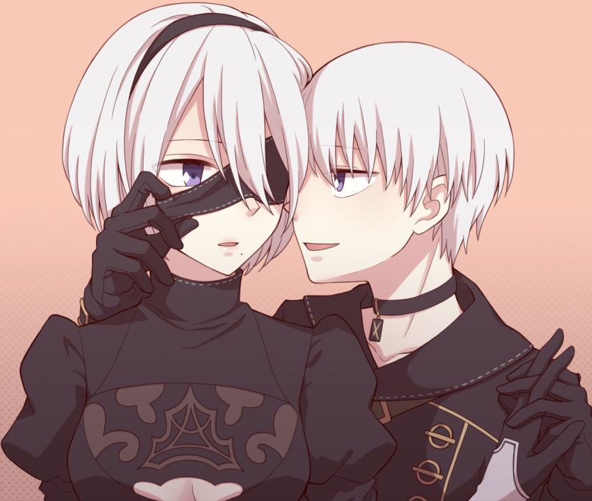 1boy 1girl 2b_(nier:automata) 9s_(nier:automata) black_choker black_dress black_jacket blindfold blindfold_pull blue_hair breasts brown_background choker cleavage cleavage_cutout clothing_cutout collarbone commentary_request dress holding_hands interlocked_fingers jacket looking_at_another medium_breasts mole mole_under_mouth nier:automata nier_(series) one_eye_covered parted_lips profile puffy_sleeves short_hair sideways_mouth tamakingx422x turtleneck turtleneck_dress upper_body white_hair
