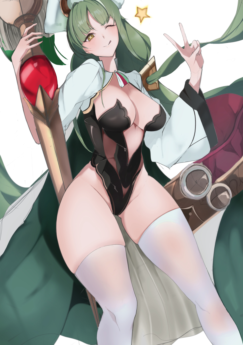 1girl :q absurdres azur_lane black_leotard breasts cross-shaped_pupils gear0710 green_hair groin hands_up highres large_breasts leotard light_blush long_hair looking_at_viewer one_eye_closed raffaello_(azur_lane) simple_background skindentation solo star_(symbol) symbol-shaped_pupils thighhighs tongue tongue_out very_long_hair white_background white_thighhighs x_x yellow_eyes