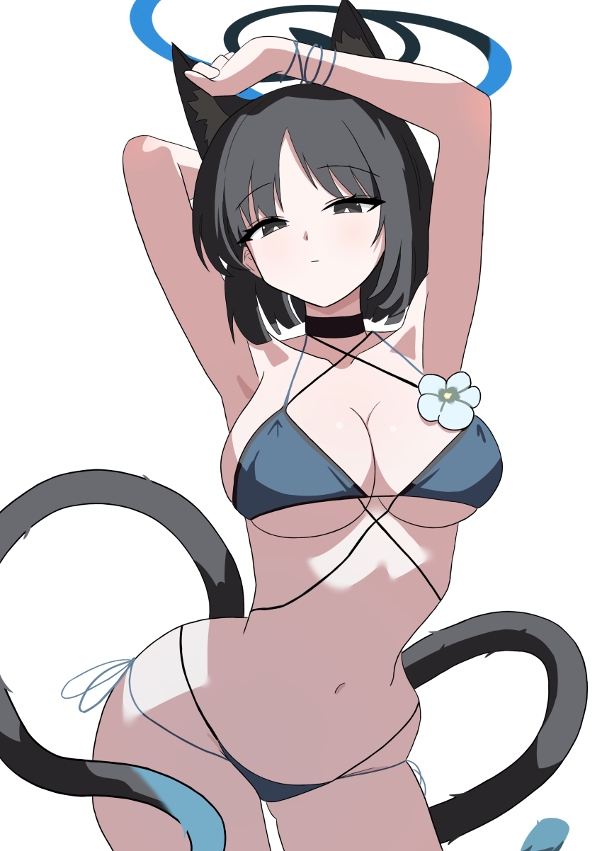 1girl absurdres animal_ear_fluff animal_ears armpits bare_arms bare_shoulders bikini black_choker black_eyes black_hair blue_archive blue_bikini breasts cat_ears cat_girl cat_tail choker closed_mouth highres kikyou_(blue_archive) kikyou_(swimsuit)_(blue_archive) large_breasts looking_at_viewer midang multiple_tails navel official_alternate_costume parted_bangs short_hair solo stomach swimsuit tail two_tails