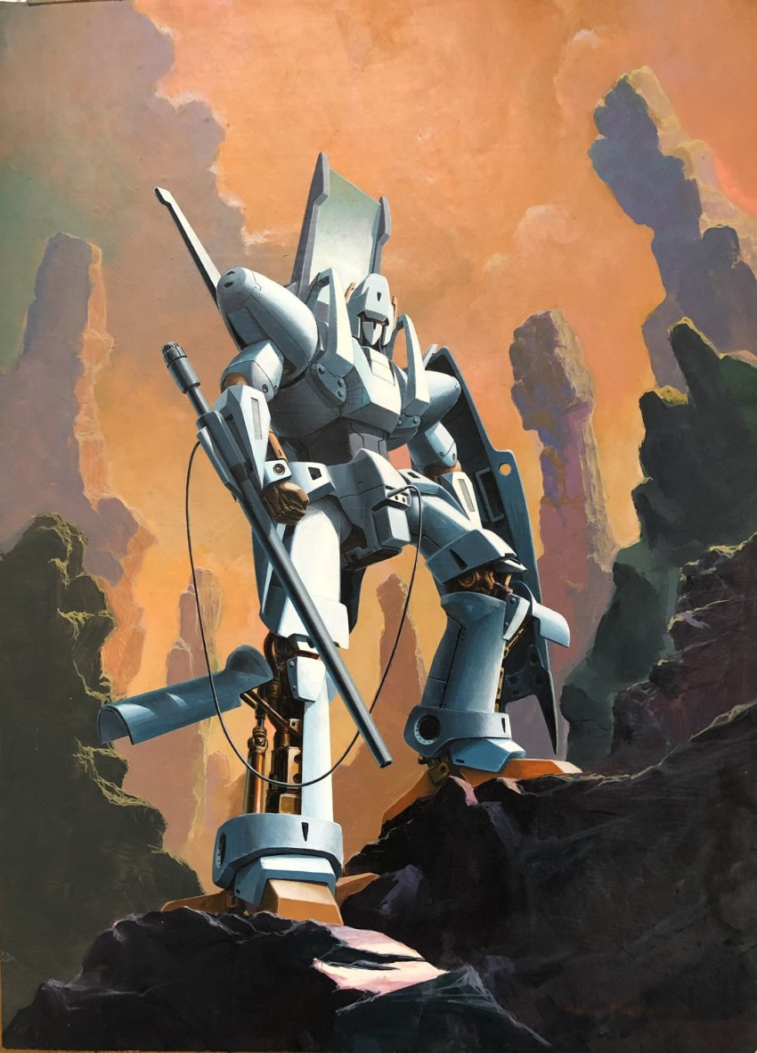 arm_cannon cable clenched_hand highres holding holding_shield juusenki_l-gaim l-gaim looking_ahead mecha official_art robot ryukow_masseau science_fiction shield solo standing visor weapon