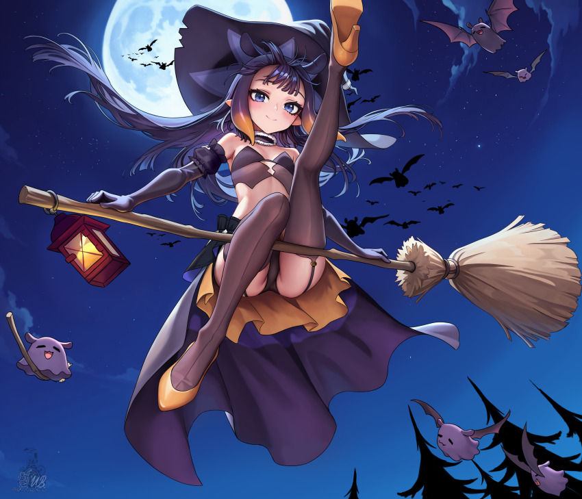 1girl absurdres alternate_costume black_collar black_gloves black_hat black_panties black_shirt blunt_bangs broom broom_riding center-flap_bangs closed_mouth collar commentary cropped_shirt elbow_gloves english_commentary flat_chest floating_hair full_body full_moon fur-trimmed_collar fur_trim gloves gradient_hair halloween hat high-low_skirt highres hololive hololive_english layered_skirt leg_up long_hair looking_at_viewer moon multicolored_hair night ninomae_ina&#039;nis orange_hair orange_skirt outdoors outstretched_leg panties pantyshot pointy_ears purple_hair purple_skirt shirt sidelocks skirt sleeveless sleeveless_shirt smile solo straight_hair strapless strapless_shirt takodachi_(ninomae_ina&#039;nis) tentacle_hair thighhighs underwear unstableboiler virtual_youtuber witch witch_hat