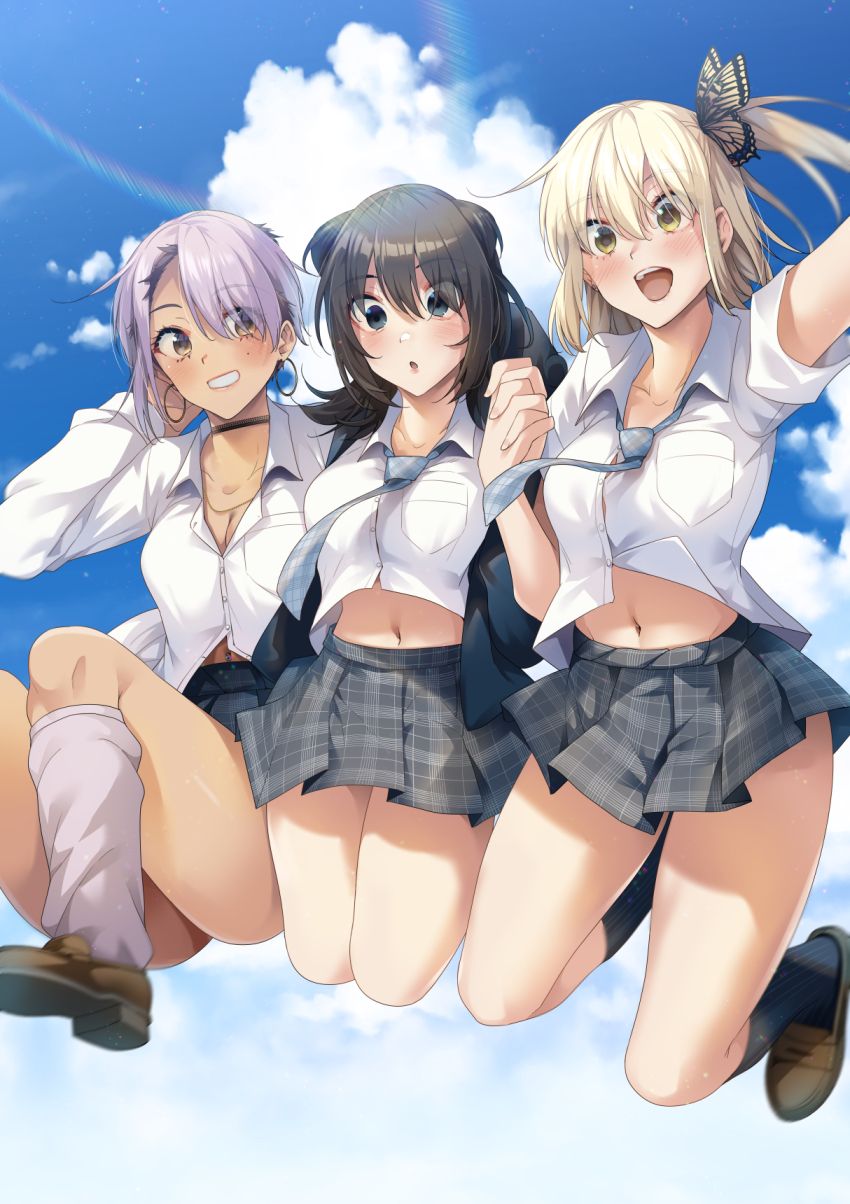 3girls :o asakura_ageha black_eyes black_hair black_jacket black_skirt black_socks blonde_hair blue_necktie blue_sky breasts butterfly_hair_ornament cleavage cloud collarbone collared_shirt commentary_request day grin hair_between_eyes hair_ornament highres jacket jumping long_hair midriff_peek multiple_girls navel necktie omura_saki outdoors plaid_clothes plaid_skirt pleated_skirt purple_hair ryouma_(galley) school_uniform shirt short_hair short_sleeves skirt sky smile socks tateha_ruri teeth upper_teeth_only white_shirt white_socks yellow_eyes yumeochi_-_yume_de_bokura_wa_koi_ni_ochiru