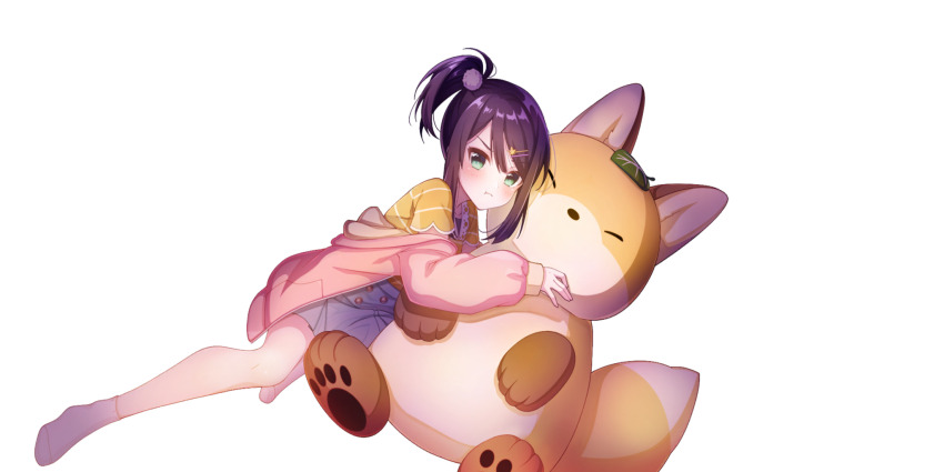 &gt;:( 1girl :t blue_skirt blush collarbone dot_nose frown game_cg hair_ornament hairclip high_side_ponytail highres hugging_doll hugging_object jacket kaede_(lapis_re:lights) kitsune lapis_re:lights leaf leaf_on_head long_sleeves looking_at_viewer medium_hair no_shoes off_shoulder official_art pink_jacket pout purple_hair shirt short_side_ponytail short_sleeves sidelocks simple_background skirt socks solo star_(symbol) star_hair_ornament striped_clothes striped_shirt stuffed_fox third-party_source transparent_background v-shaped_eyebrows white_socks yellow_shirt