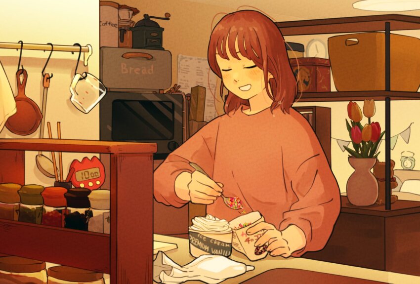 1girl :d bag blush brown_hair ceiling_light choppy_bangs closed_eyes facing_viewer flower food frying_pan grin hand_up holding holding_bag holding_spoon ice_cream ice_cream_cup indoors kitchen long_bangs matsumine_(twin-mix) medium_hair open_mouth orange_shirt original oven pastry_bag pitcher_(container) red_flower red_tulip seven-segment_display shelf shirt sidelocks slice_of_life smile solo soup_ladle spice spoon sprinkles teeth toaster_oven tulip upper_body vase white_flower white_tulip