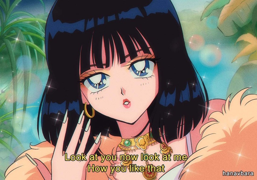 1990s_(style) 1girl animification artist_name black_hair blackpink blue_eyes blue_hair blunt_bangs bob_cut close-up commentary eyelashes eyeshadow fur_jacket hanavbara jacket jewelry k-pop lisa_(blackpink) makeup necklace real_life retro_artstyle solo yellow_eyeshadow