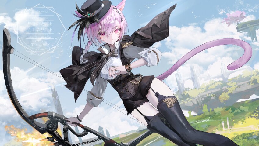 1girl absurdres animal_ears black_boots black_capelet black_hat boots bow bow_(weapon) bracelet braid capelet cat_ears cat_girl cat_tail facial_mark final_fantasy final_fantasy_xiv garter_straps hat hat_feather highres holding holding_bow_(weapon) holding_weapon jewelry miqo&#039;te multiple_rings pink_eyes pink_hair ring shikina_(mochigushi_) shirt single_braid sleeves_rolled_up solo tail thigh_boots underbust warrior_of_light_(ff14) weapon whisker_markings white_shirt