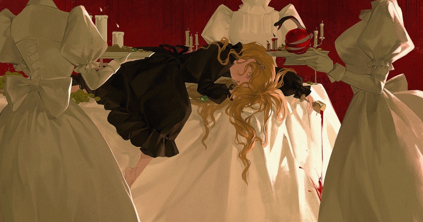 4girls absurdres alcohol animal apple back_bow barefoot black_dress blonde_hair blood blood_on_feet bow breasts candle candlestand chinese_commentary closed_mouth coin commentary cross-laced_clothes cross-laced_dress cup dress english_commentary food frilled_dress frills fruit gloves grapes head_out_of_frame highres holding holding_cup holding_plate holding_tray large_breasts layered_sleeves long_hair long_sleeves looking_at_viewer looking_to_the_side lying messy_hair mixed-language_commentary multiple_girls on_stomach on_table original outstretched_arm plate puffy_long_sleeves puffy_short_sleeves puffy_sleeves red_background serving short_over_long_sleeves short_sleeves snake solo_focus spilling standing table tablecloth tray white_bow white_dress white_gloves wine yaqing