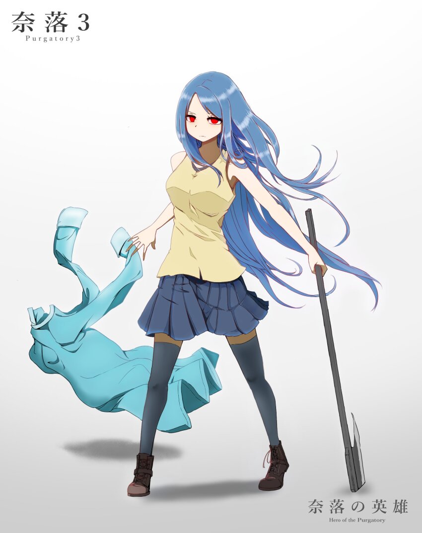1girl axe bare_shoulders black_thighhighs blue_coat blue_hair blue_skirt coat empty_eyes enri_louvre highres holding long_hair nama_(ogs3rrmfe) naraku naraku_3 official_art red_eyes shirt skirt thighhighs weapon
