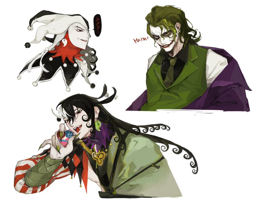 1boy batman_(series) black_hair collage cosplay dc_comics fate/grand_order fate_(series) formal_clothes green_hair hat highres jester jester_cap joker_(dc)_(cosplay) long_hair makeup male_focus multicolored_hair short_hair simple_background suit the_dark_knight the_joker upper_body white_background white_hair xubeichaoyansuan