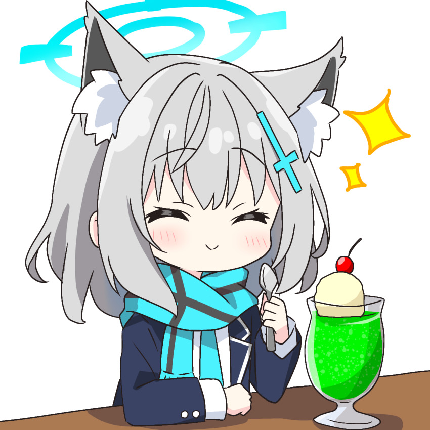 1girl ^_^ animal_ear_fluff animal_ears blue_archive blue_halo blue_scarf blush closed_eyes closed_mouth commentary_request cross_hair_ornament cup drink drinking_glass extra_ears grey_hair hair_ornament halo highres holding holding_spoon jacket kotatsu-mazoku long_sleeves open_clothes open_jacket scarf school_uniform shiroko_(blue_archive) short_hair simple_background smile solo sparkle spoon upper_body white_background wolf_ears