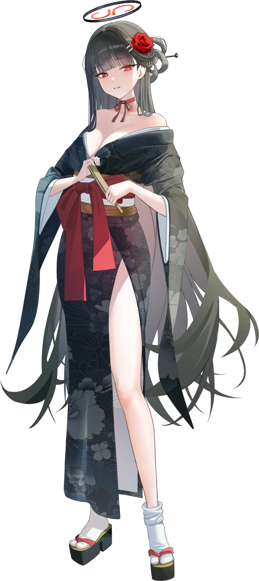 1girl absurdres alternate_costume bare_legs bare_shoulders black_hair black_kimono blue_archive blunt_bangs breasts cleavage commentary flower folded_fan folding_fan full_body hair_flower hair_ornament hallo_(rltkdydrltk) halo hand_fan highres holding holding_fan japanese_clothes kimono large_breasts long_hair looking_at_viewer neck_ribbon obi platform_sandals red_eyes red_ribbon ribbon rio_(blue_archive) sandals sash simple_background smile socks solo straight_hair tabi transparent_background very_long_hair white_socks wide_sleeves zouri