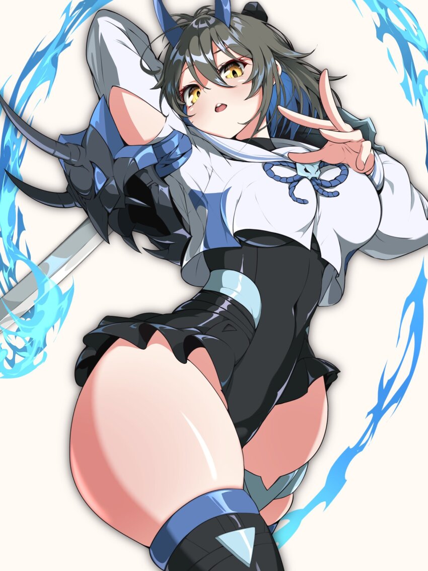 1girl 30_minutes_sisters black_leotard blue_hair breasts colored_inner_hair covered_navel dokuro_aratame frilled_leotard frills hair_intakes highleg highleg_leotard highres holding holding_sword holding_weapon katana leotard looking_at_viewer medium_breasts multicolored_hair oni orange_eyes pear-shaped_figure sailor_collar shiny_clothes shiny_skin short_hair simple_background skindentation solo sourei_(30ms) standing sword thick_thighs thigh_strap thighs weapon wide_hips