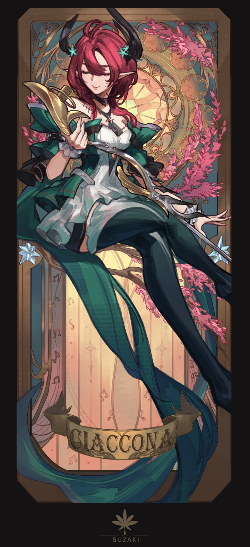 1girl absurdres art_nouveau artist_name bare_shoulders black_horns breasts card_(medium) character_name ciaccona_(wuthering_waves) closed_eyes closed_mouth commentary dress full_body green_thighhighs hair_between_eyes highres holding holding_microphone_stand horns large_breasts microphone_stand pointy_ears red_hair smile solo steve_zheng tacet_mark_(wuthering_waves) thighhighs white_dress wuthering_waves