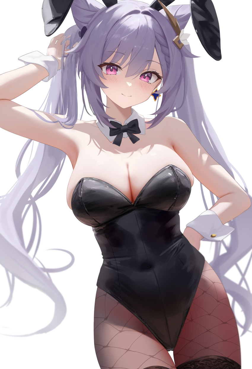 1girl absurdres animal_ear_hairband animal_ears arm_up bare_shoulders black_bow black_bowtie black_leotard black_pantyhose blush bow bowtie breasts cleavage cone_hair_bun detached_collar double_bun fake_animal_ears fishnet_pantyhose fishnets genshin_impact hair_bun hair_ears hairband hand_on_own_hip highres keqing_(genshin_impact) large_breasts leotard long_hair pantyhose playboy_bunny purple_eyes purple_hair rabbit_ear_hairband rabbit_ears simple_background smile strapless strapless_leotard twintails white_background wrist_cuffs xiatian